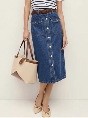 Button Front Midi Skirt Sz L Blue Denim Pockets Coastal Streetwear Preppy